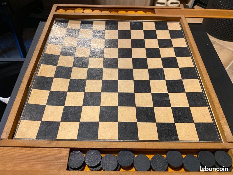 Ancien Jeu De Société En Bois - Jeu De Dames Complet + Jeu De L'oie Vintage