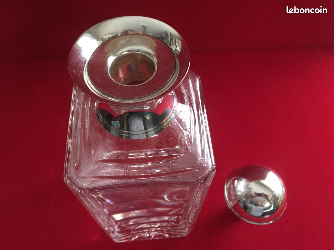 ANCIENNE CARAFE CRISTAL COL BOUCHON PLAQUE ARGENT WHISKY BOURBON COGNAC PORTO Art (image 9)