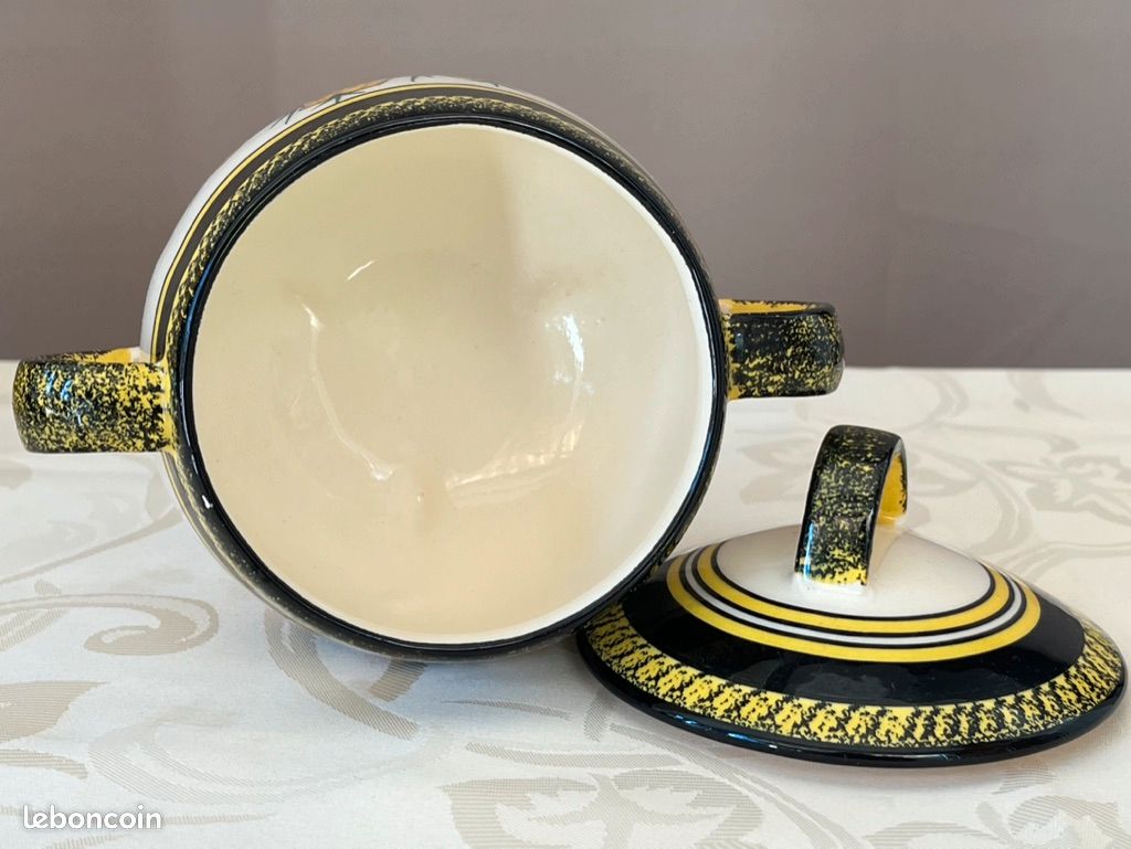 Ancienne Petite Soupière Henriot Quimper 89, Faïence Jaune Et Noire à Fleurs - Occasion