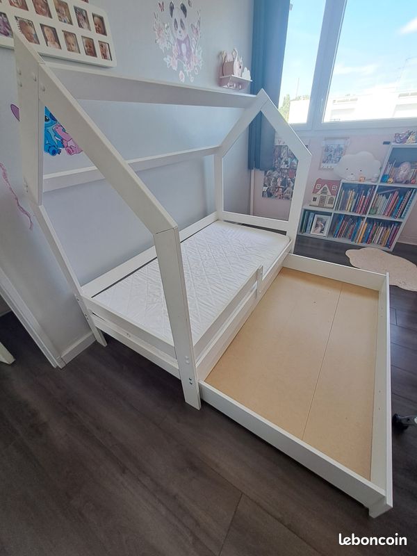 Lit cabane enfant blanc 80x160 avec matelas, sommier et tiroir (image 3)