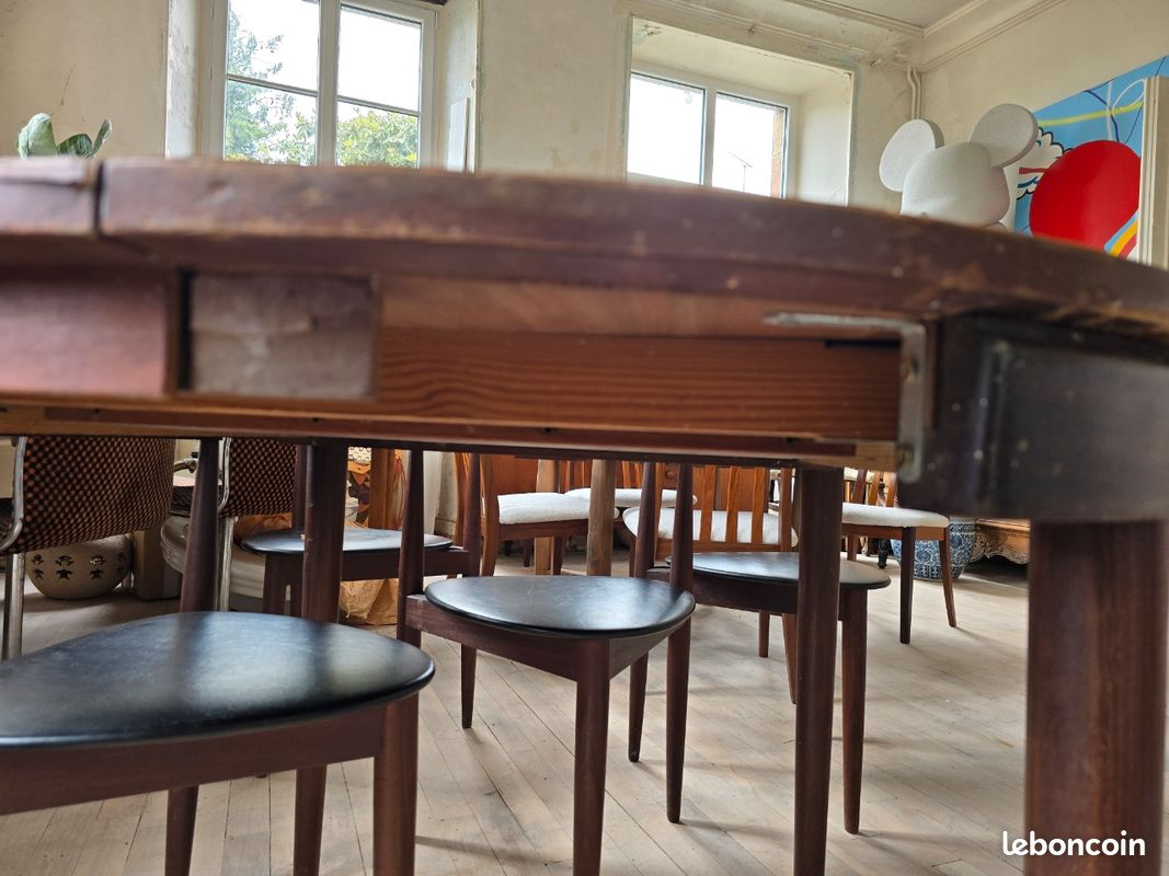 Table ronde Hans Olsen Frem Røjle Roundette teck 5 chaises scandinave danois vintage extensible salle manger (image 14)