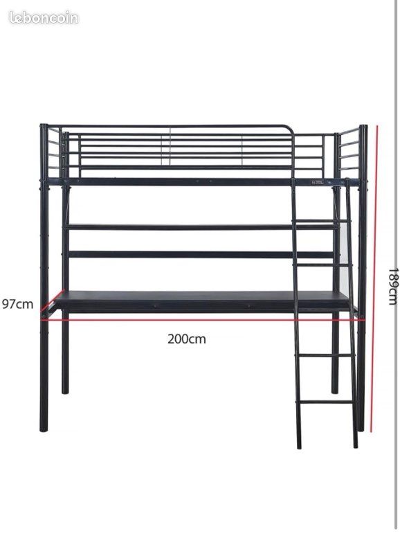 Lit mezzanine 1 place bureau intégré + matelas neuf (image 2)