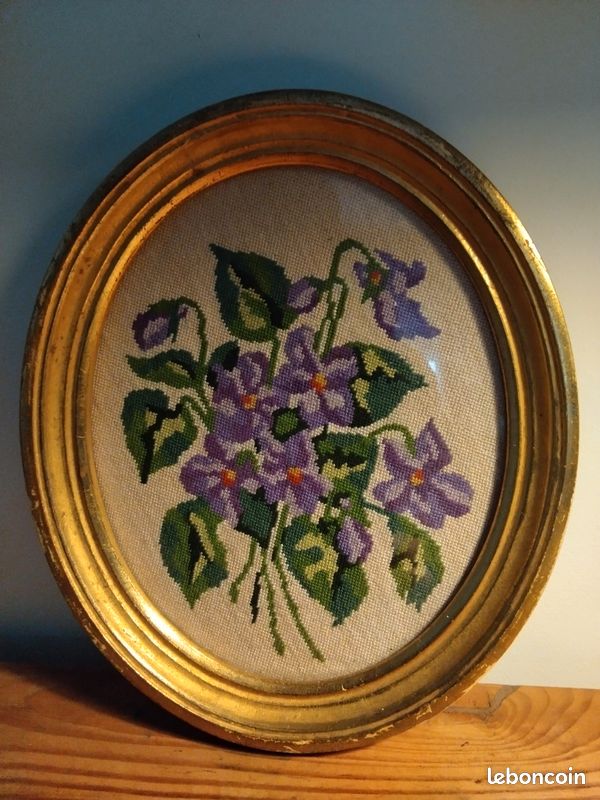 Ancienne Broderie Au Point De Croix Sous Cadre - Occasion, Décoration Vintage Française