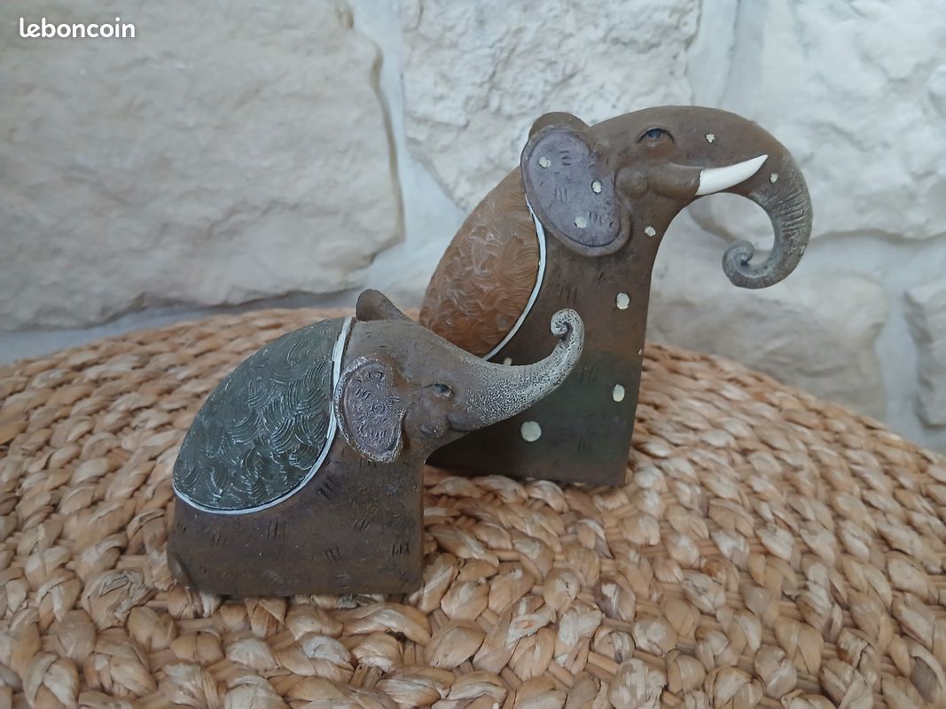 Lot de 2 statues éléphants résine imitation pierre bohème (image 2)