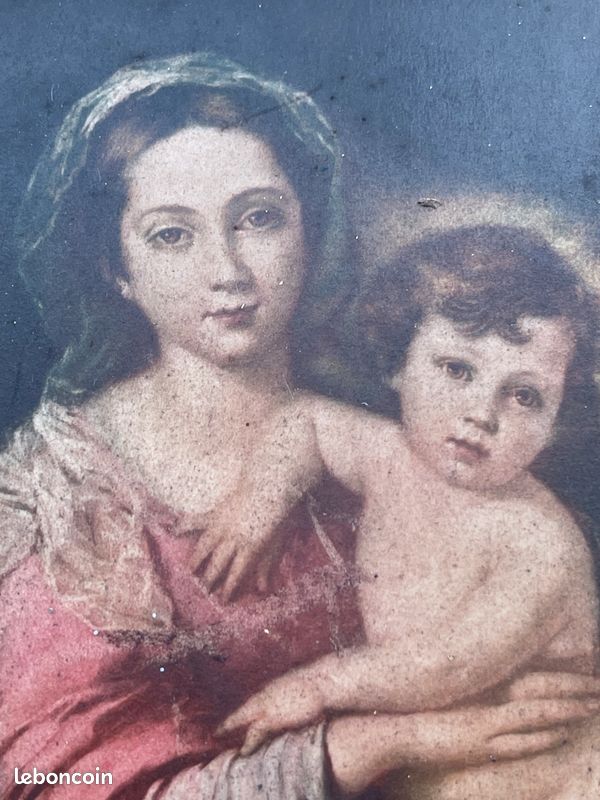 Icône Religieuse Ancienne Sur Bois – Vierge à l’Enfant – Cadre Doré à la Feuille (image 10)