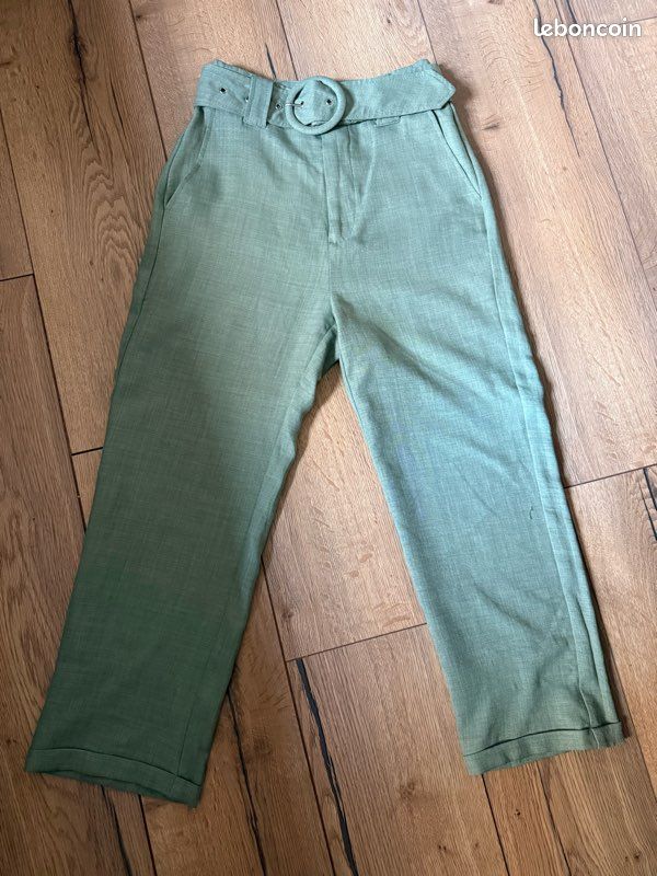 Pantalon taille haute coupe droite vert taille XS/34 (image 1)
