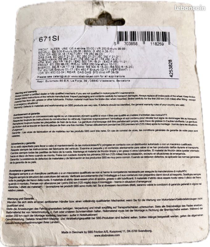 PLAQUETTES DE FREIN SBS 671SI Pour Moto BENELLI ,DUCATI ,HUSQVARNA.. (image 2)