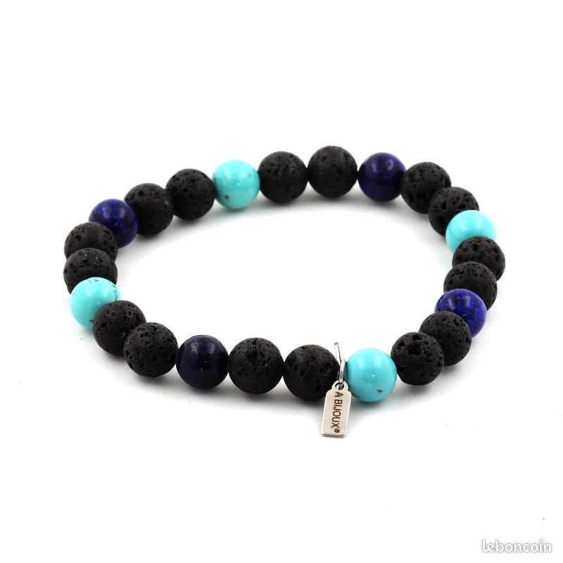 Bracelet Perles Lapis Lazuli + Turquoise + Lave 8 mm. Fabriqué en France (image 1)