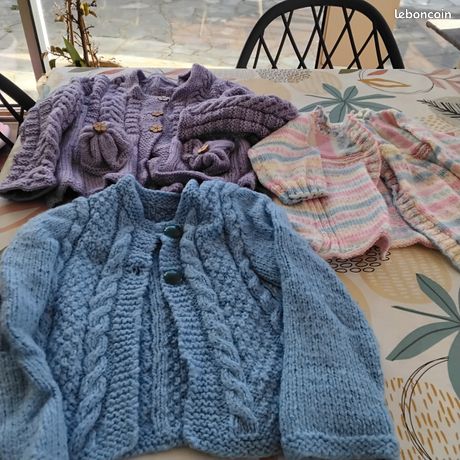 Gilet Bébé Tricoté Main Bleu Lavande - Excellent état - Fait Main En France - Voir Mesures