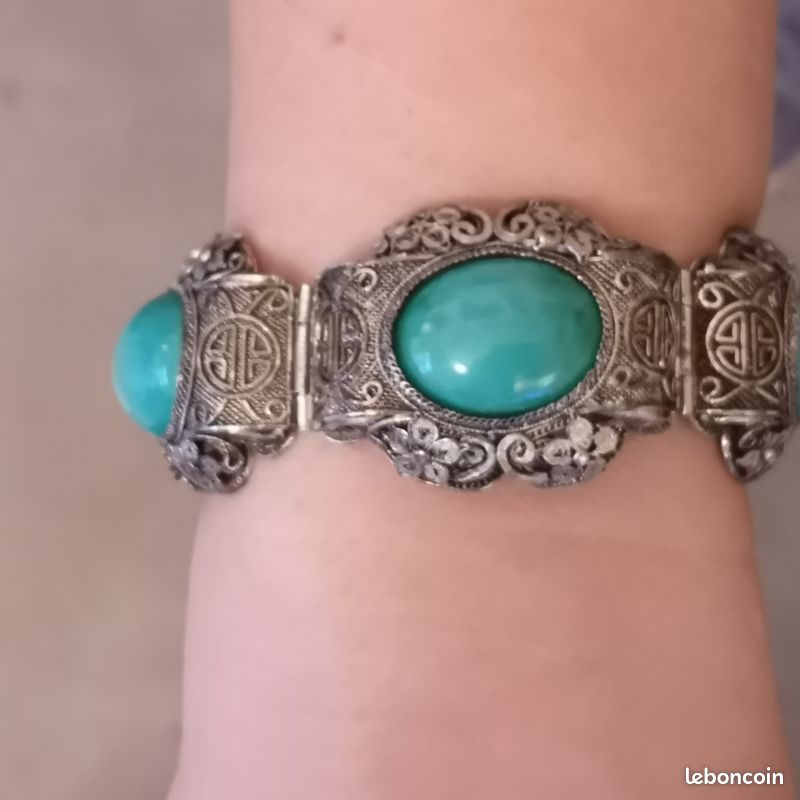 Bracelet Vintage En Argent 925 Et Turquoise Naturelle - Bon état D'usage