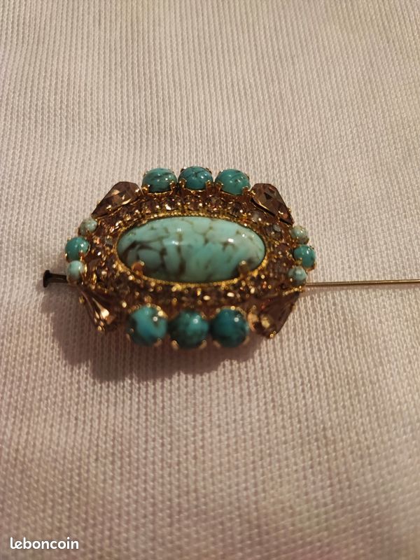 Broche Vintage Avec Pierres Turquoises - Bijou Ancien, Occasion