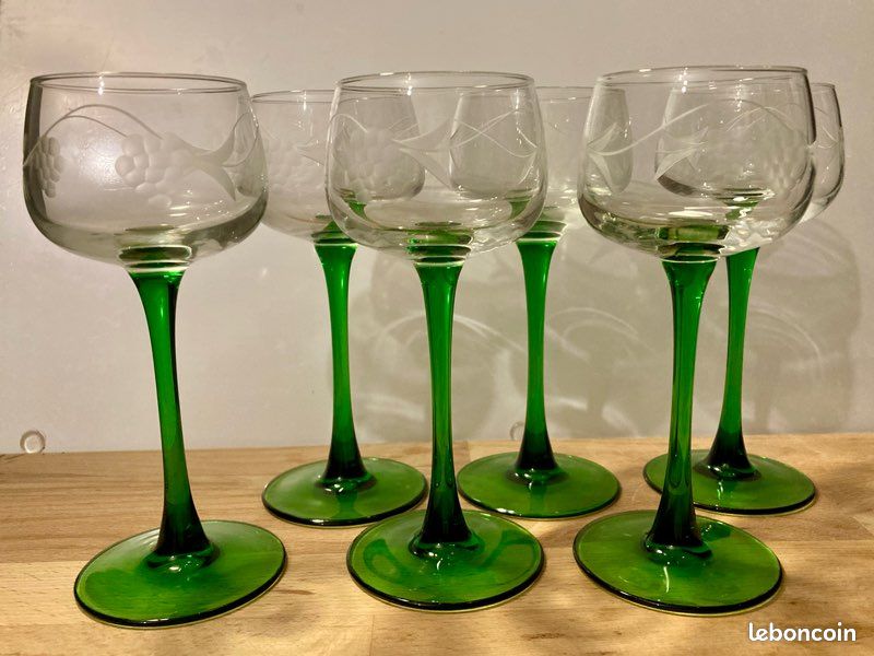 Lot De 6 Verres à Vin D'Alsace Luminarc – Pied Vert – Verres Vintage France