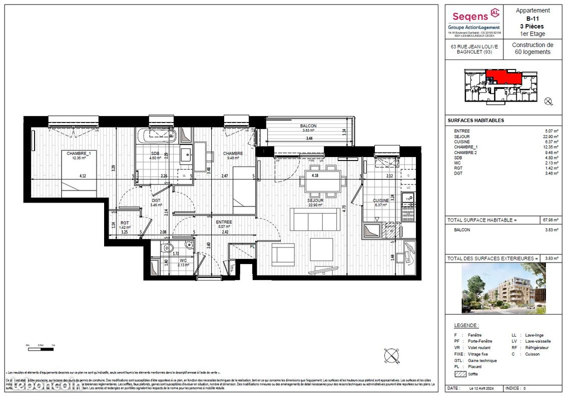 Appartement 3 pièces 68 m² · à Bagnolet · 68 m² · 1 222 €