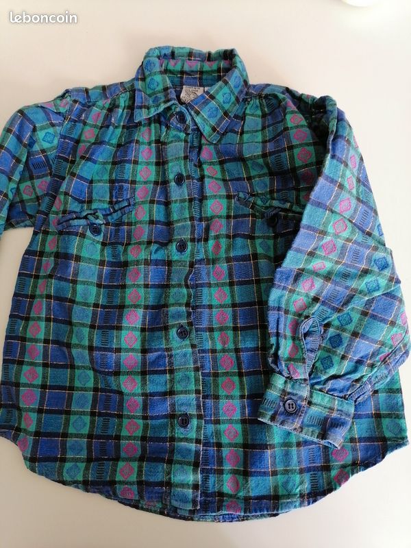 Chemise enfant taille 5 ans bleu vert fushia quadrillé liseré or (image 1)
