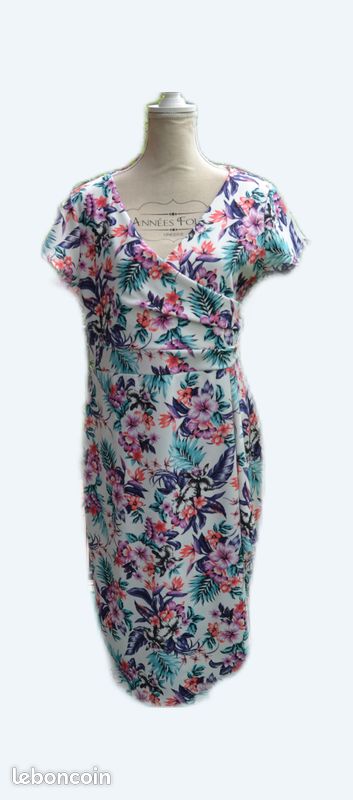 Robe fourreau femme fleuri rose top vintage taille 46 48 soit 2xl