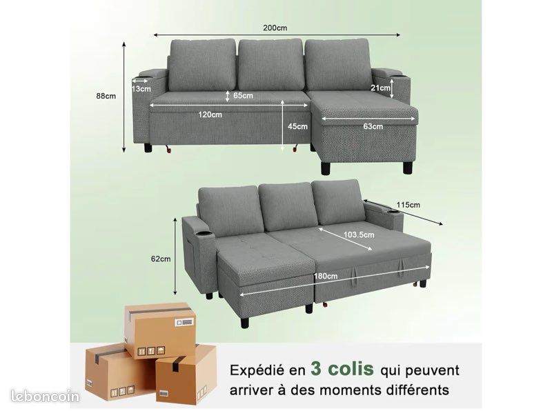 Canapé d'angle convertible gris – Très bon état – Avec coffre et porte-gobelets (image 4)