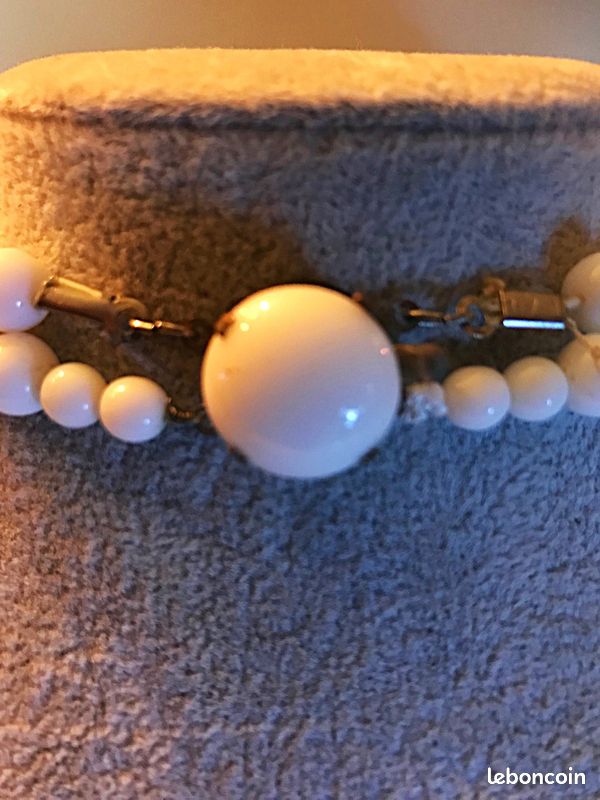Collier Vintage Années 1960 - Double Rang De Perles Blanche Et Bleu Verre - Longueur 42 Cm