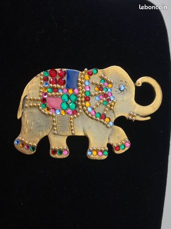 Broche éléphant Cloisonné – Métal Doré, Couleur Bleue, Vintage Thaïlande Années 80-90 !