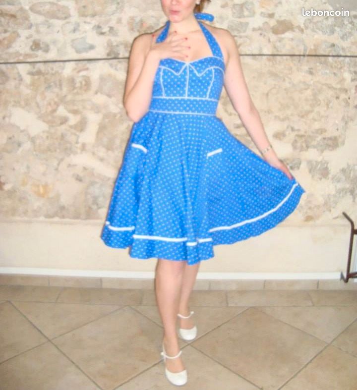 Robe pin up/rockabilly bleue à pois blancs Hell bunny RARE rétro