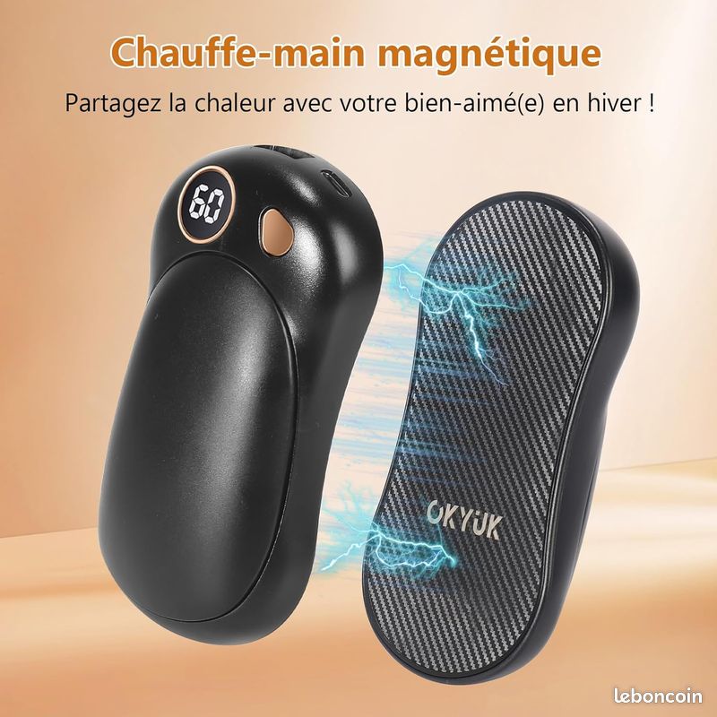 Lot De 2 Chauffe-mains Magnétiques Rechargeables 5000 MAh – 3 Niveaux, Powerbank Intégré – Graphène, Chauffe En 3s