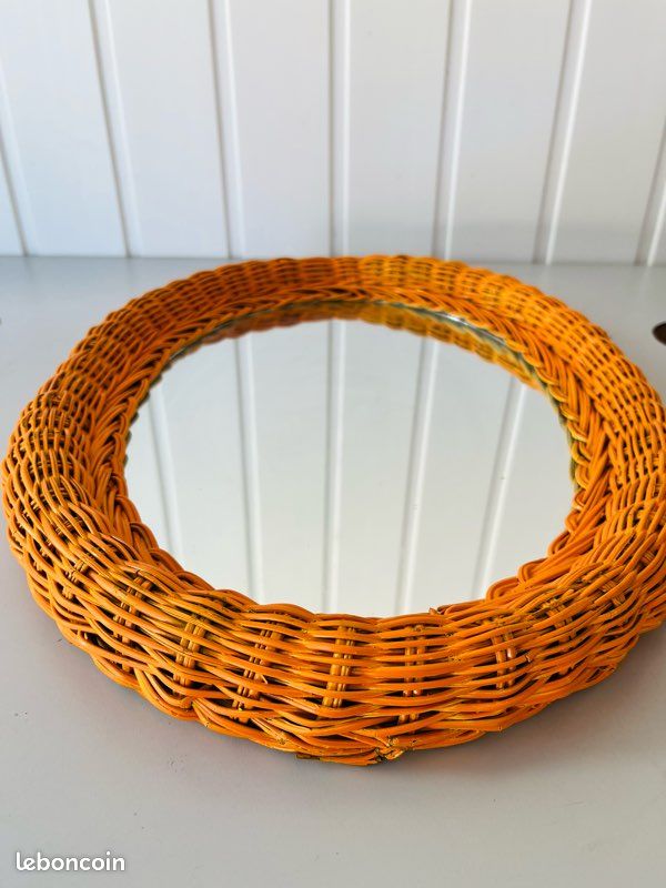 Miroir Ovale en Osier Tressé Orange Vintage Années 70 (image 11)