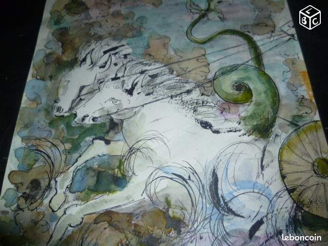 Aquarelle sur papier chevaux signée (image 2)