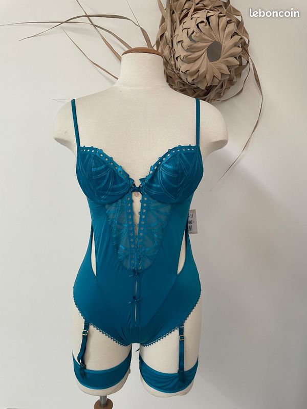 Ensemble lingerie body Valisère avec porte-jarretelles bleu canard 90B neuf (image 1)