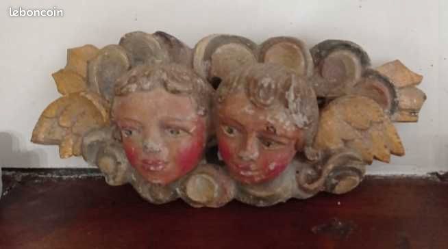 16551- Sculpture têtes d'anges chérubins ailés en bois polychrome - 18e (image 2)