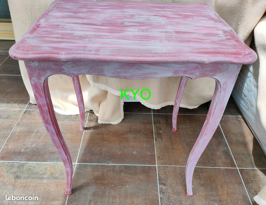 Table décorative rectangulaire bois rose, bureau tiroir central, Plateau chantourné et pieds galbés, vintage rustique ancien - Très bon état (image 5)