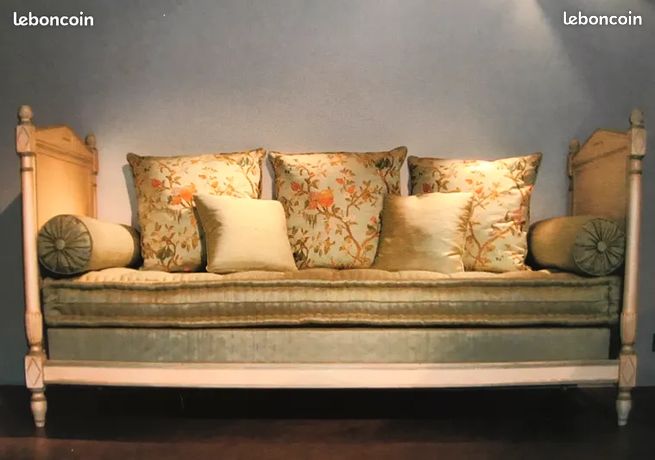 Banquette Convertible Style Louis XVI – 3 Places, Blanc Patiné, Bois, 100x80x60 Cm