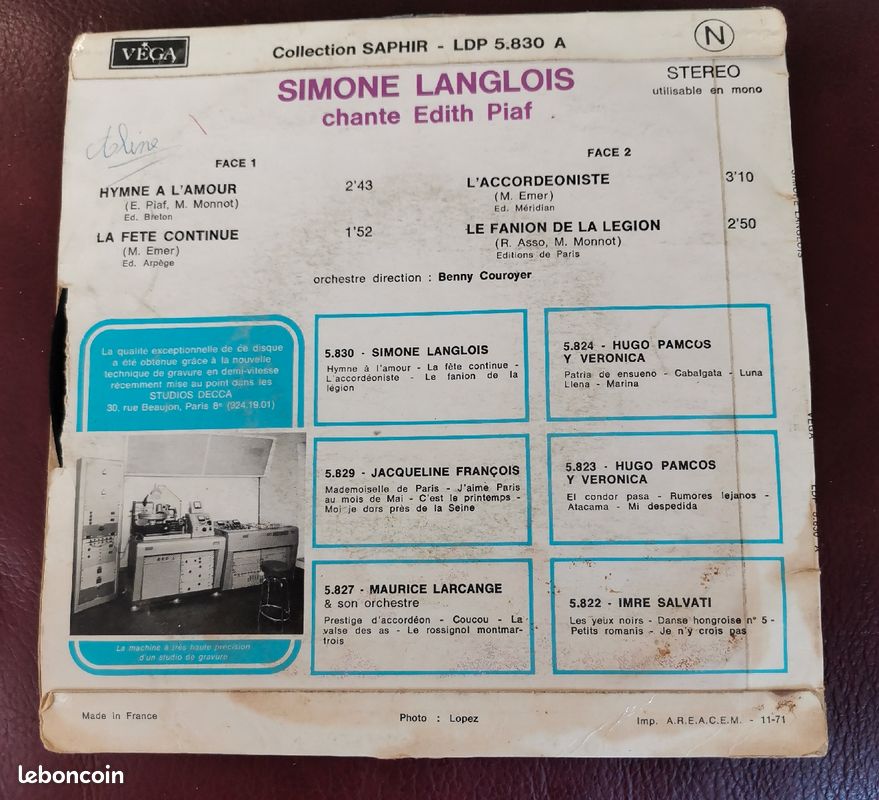 Vinyle Simone Langlois chante Edith Piaf 1971 (image 2)