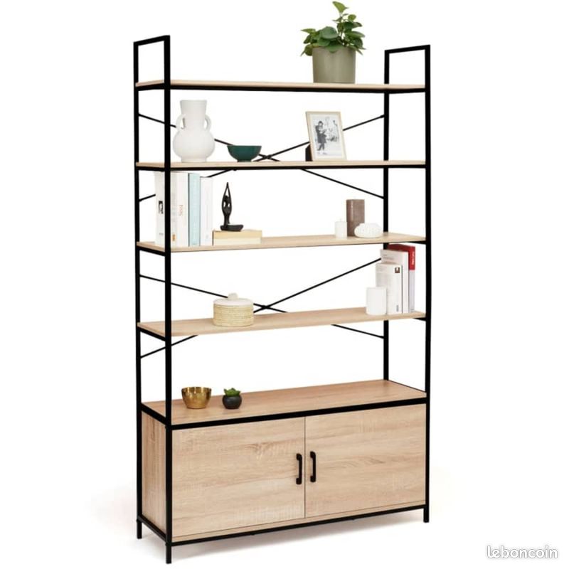 Étagère Bibliothèque XL 5 Niveaux avec Placard – Design Industriel Bois et Métal Noir – Hauteur 170 cm (image 1)