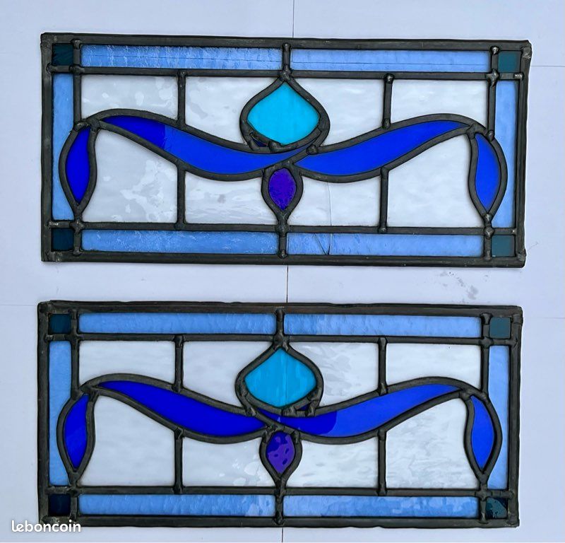 Ensemble de 6 vitraux anciens Art Nouveau en verre au plomb vers 1900 (image 7)