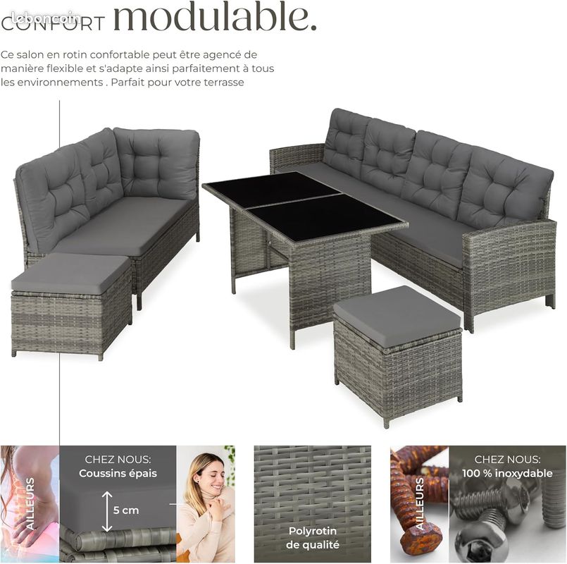 Salon de Jardin Modulable Gris - 1 Canapé de Jardin Exterieur Angle - Table Jardin - 2 Tabourets - Balcon Terrasse (image 3)