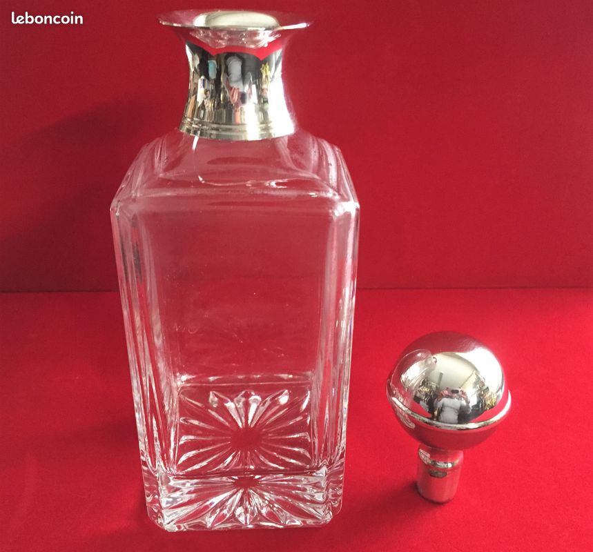ANCIENNE CARAFE CRISTAL COL BOUCHON PLAQUE ARGENT WHISKY BOURBON COGNAC PORTO Art (image 7)