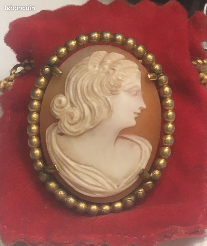 Broche vintage camée femme victorienne des années 60, ton doré - France