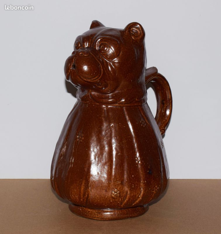 Ancien pichet en grés de Beauvais a tête de chien Bulldog - grés 19e siècle (image 1)