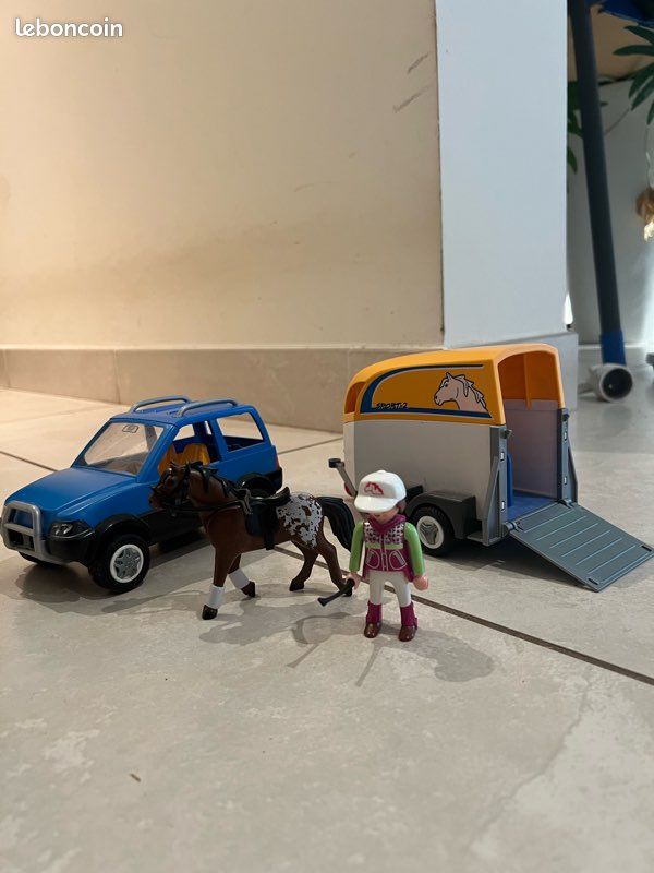 AN LOT PLAYMOBIL Vintage Voiture Jeep 4X4 + Remorque Van Cheval Poney