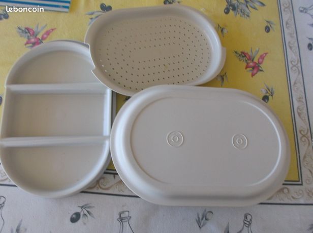 Lot Tupperware Vintage Amande: Boite Triservice C8, Ravier C46, Cuiseur Vapeur M-O