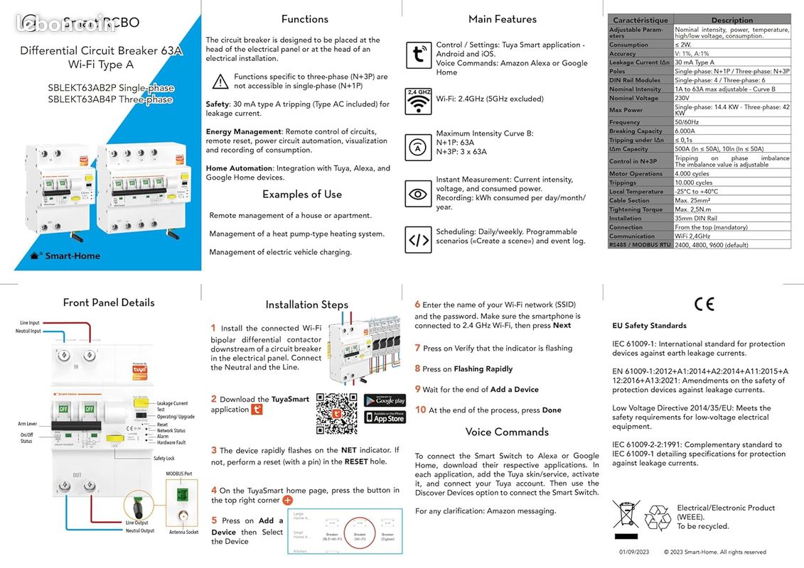 Disjoncteur monophasé différentiel 30mA type A connecté WIFI Tuya "Smart RCBO" - Disjonctions : Courant de Fuite, Surintensité, Surtempérature, Surpuissance, Sous/Surtension - Alexa - Enregistrement (image 4)