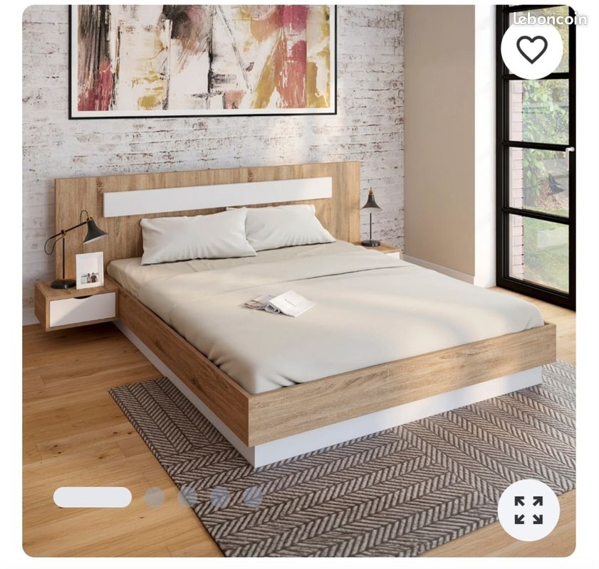 Lit double avec tête de lit + tables de chevet intégrées et sommier 160 x 200 cm bois et blanc (image 1)
