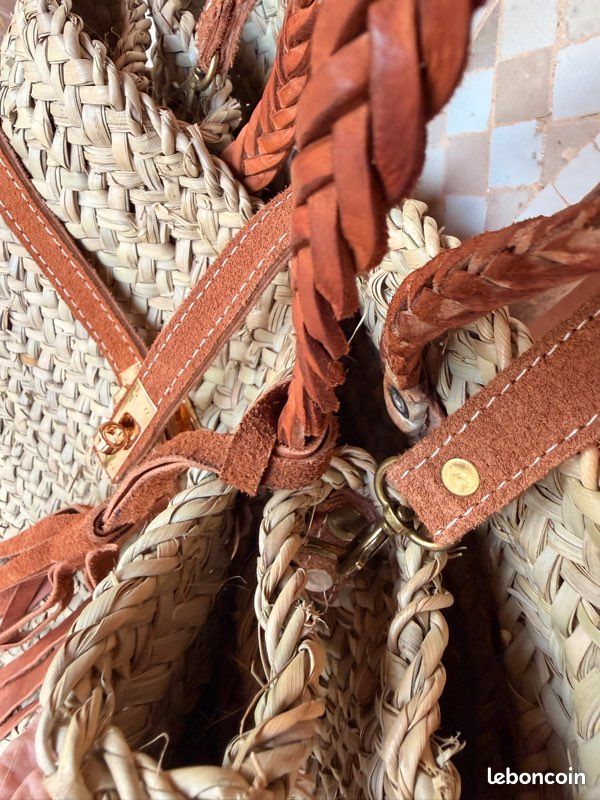 Sac panier marocain cuir & osier – fait main – style bohème chic – bandoulière (image 3)