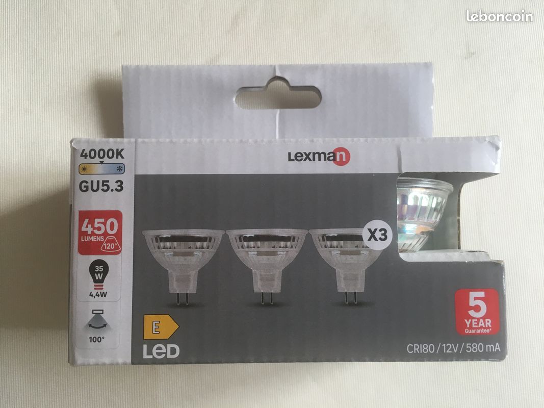 3 ampoules led réflecteur GU5.3, 100 deg, 450 Lm = 35 W, blanc neutre, LEXMAN (image 1)