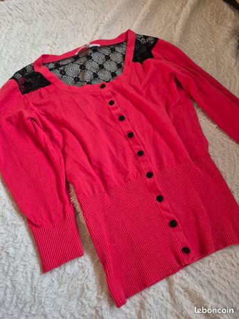 Gilet Cardigan Femme Acrylique Rouge Orange - Taille 42/44 - Manches 3/4 - Occasion TBE