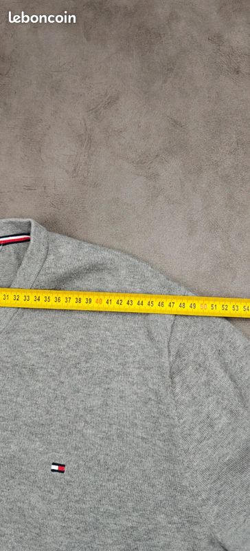 Sweat Tommy Hilfiger [XXL] 100% coton col V logo brodé homme pull gris #TH364 (image 10)