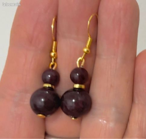 Boucles D'oreilles Clous En Grenat - Argent 925 Plaqué Or Jaune, Neuves Avec étiquettes