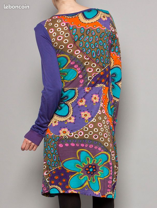 Robe Tunique Coline Taille XXL (44) - Manches Longues Multicolore Sur Fond Noir - Occasion TBE