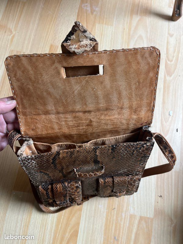 Sac à Main Vintage Années 50/60 - Cuir Verni Imitation Python Brillant - Occasion Très Bon état