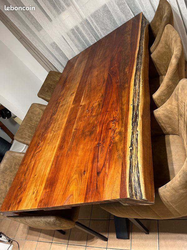 Table Melbourne Pier Import + 6 chaises microfibre douce taupe – Bois d’acacia massif (image 5)