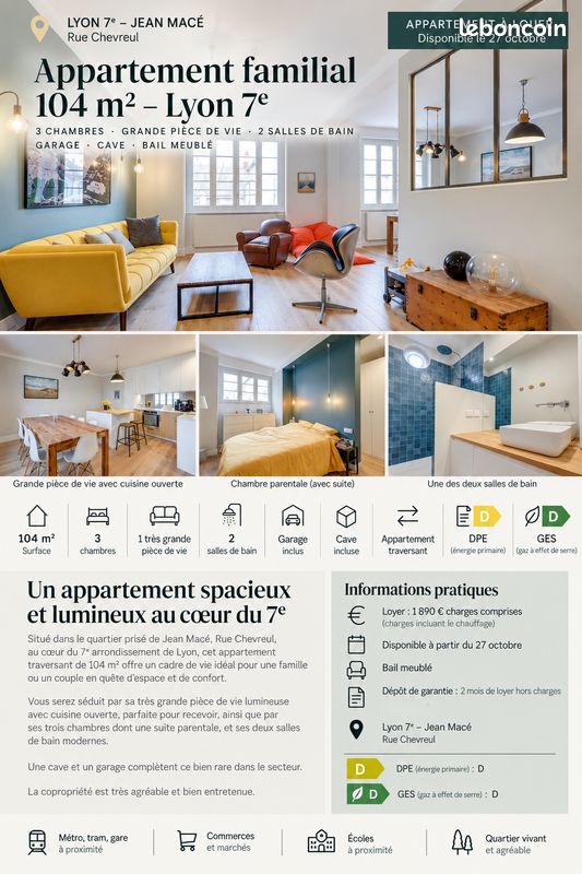 Appartement 4 pièces 104 m² · à Lyon · 104 m² · 1 890 €/mois